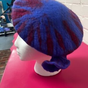 Vintage Felted Wool Beret | Deep Blue & Burgundy Art Hat with Bow Detail